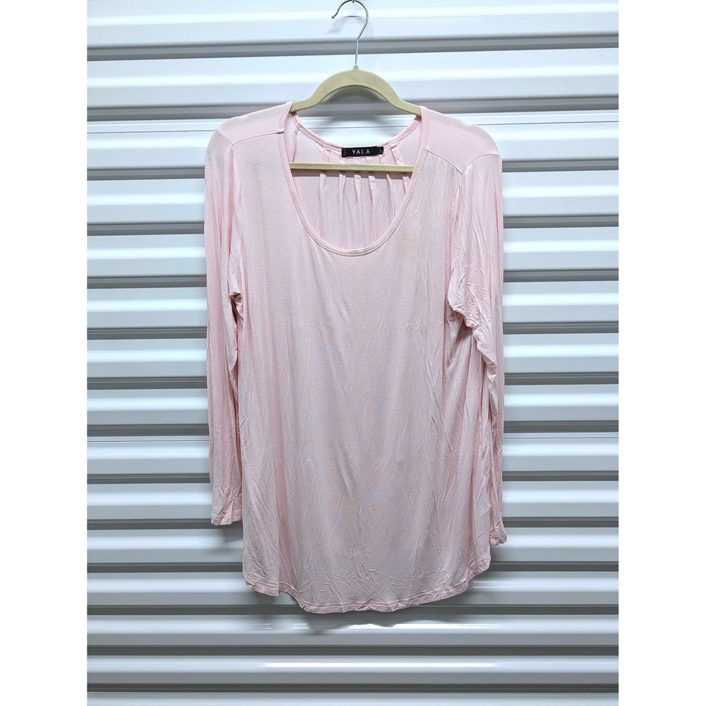 YALA Size L Women Pink Bamboo Viscose Long Sleeve Pleated Back Jersey Knit Top
